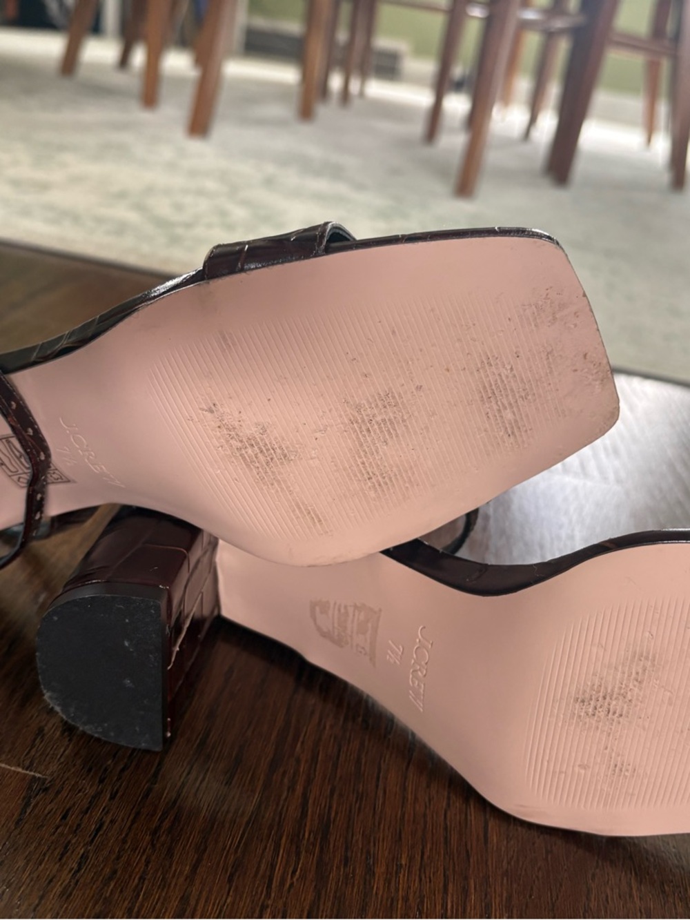 J. Crew Brown Croc-Embossed Leather Gold Buckle Ankle Strap Sandals - Picture 4 of 4